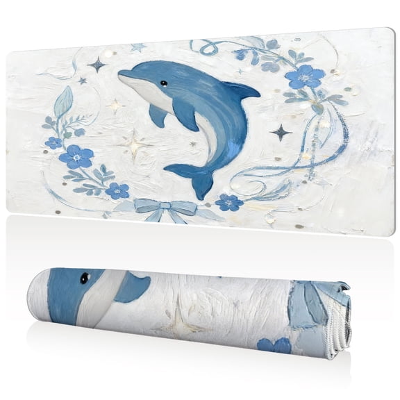 LIVEKEY Mouse Pad Ultra Large 80x40x0.3cm Full Desk Coverage Cute Dolphin with Flowers and Stars Pattern Durable Easy Clean Non Slip