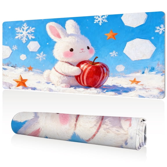 LIVEKEY Mouse Pad Ultra Large 80x40x0.3cm Full Desk Coverage Cute Rabbit Holding Apple Winter Theme Art Durable Easy Clean Non Slip Sewn Edges