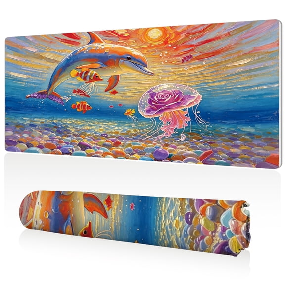 LIVEKEY Mouse Pad Ultra Large 80x40x0.3cm Full Desk Coverage Dolphin and Jellyfish Sunset Underwater Art Design