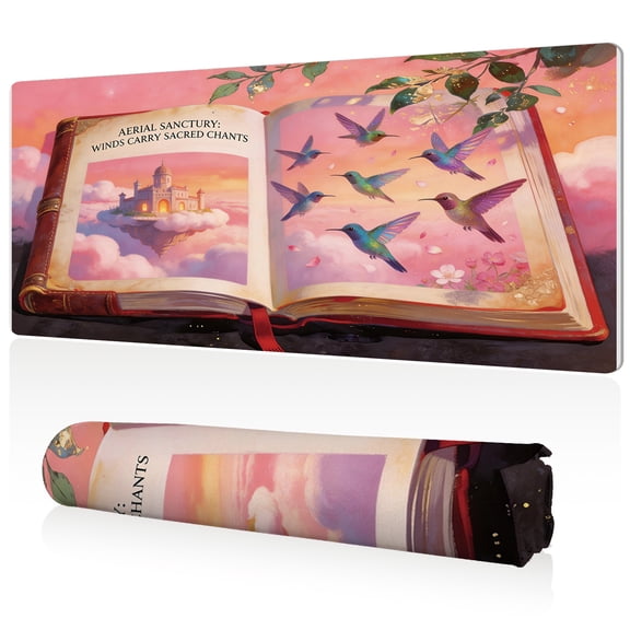 LIVEKEY Mouse Pad Ultra Large 80x40x0.3cm Full Desk Coverage Fantasy Storybook with Floating Castle and Hummingbirds Art