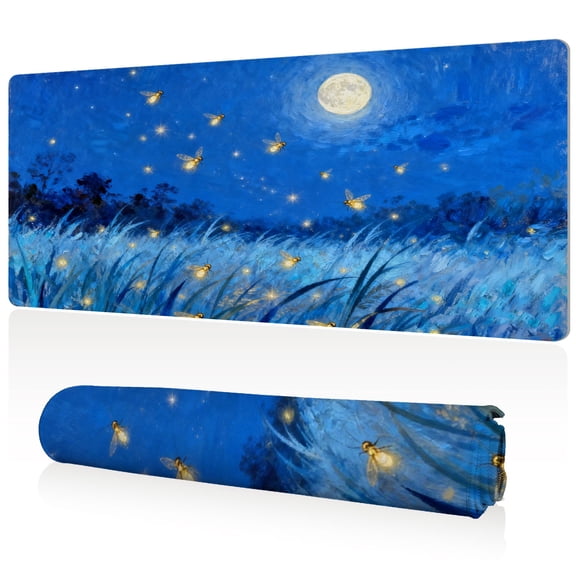 LIVEKEY Mouse Pad Ultra Large 80x40x0.3cm Full Desk Coverage Glowing Firefly Moonlit Meadow Night Scene Art Sewn Edges for Gaming and Office