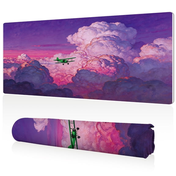 LIVEKEY Mouse Pad Ultra Large 80x40x0.3cm Full Desk Coverage Green Biplane in Pastel Sky Art Design for Gaming and Office