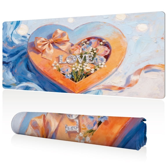 LIVEKEY Mouse Pad Ultra Large 80x40x0.3cm Full Desk Coverage Heart Shaped Gift Box with Flowers Art Durable Easy Clean Non Slip