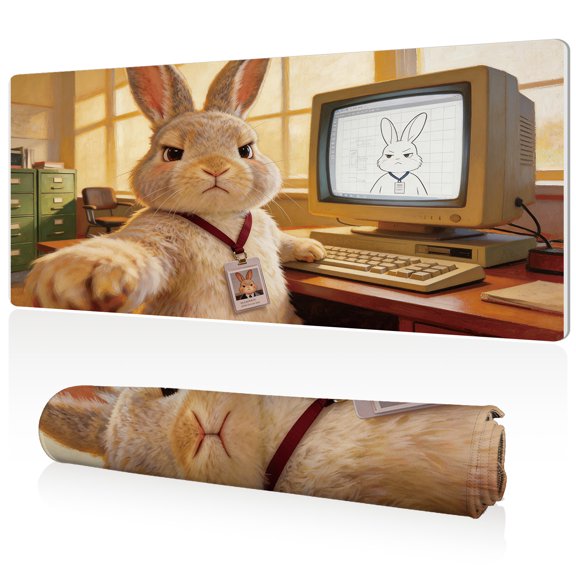 LIVEKEY Mouse Pad Ultra Large 80x40x0.3cm Full Desk Coverage Rabbit Office Worker with Vintage CRT Computer Art Design