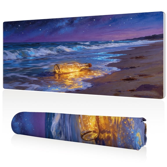 LIVEKEY Mouse Pad Ultra Large 80x40x0.3cm Full Desk Coverage Starry Night Beach with Glowing Bottle Art Design