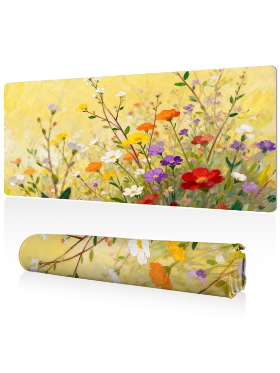 Mouse Pad Ultra Large 80x40x0.3cm Full Desk Coverage Vibrant Floral Pattern on Yellow Background with Sewn Edges for Gaming and Office