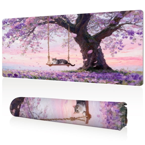 LIVEKEY Mouse Pad Ultra Large 80x40x0.3cm Full Desk Coverage with Cat on Swing and Cherry Blossoms Art for Gaming and Office Desktop Mat