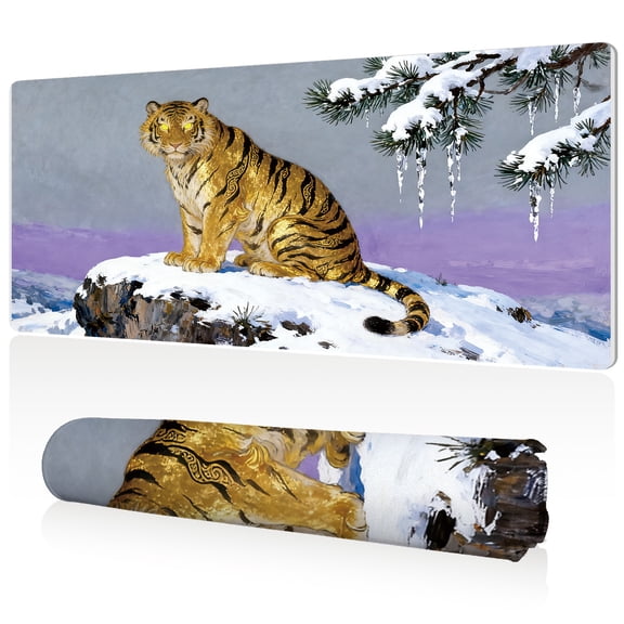 LIVEKEY Mouse Pad Ultra Large 80x40x0.3cm Full Desk Coverage with Golden Tiger in Snowy Pine Forest Art Design