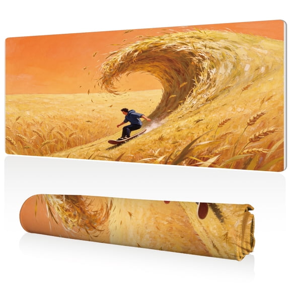 LIVEKEY Mouse Pad Ultra Large 80x40x0.3cm Full Desk Coverage with Golden Wheat Wave and Skateboarding Surfer Art Design