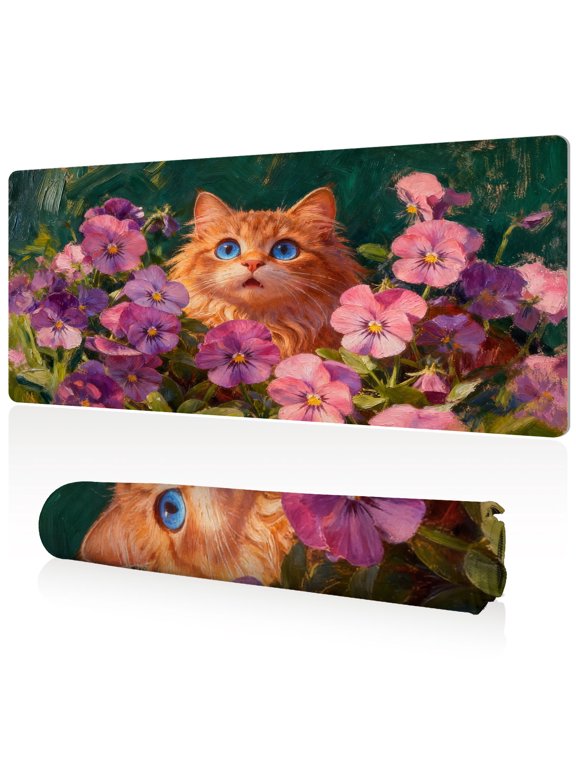 Mouse Pad Ultra Large 80x40x0.3cm Full Desk Coverage with Gorgeous Blue Eyed Cat and Flowers Art Durable Easy Clean Non Slip
