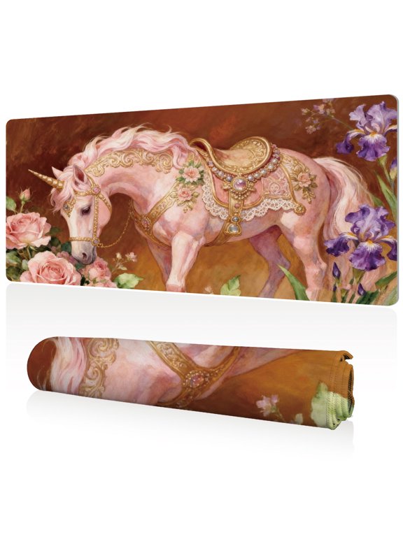 Mouse Pad Ultra Large 80x40x0.3cm Full Desk Coverage with Gorgeous Unicorn and Roses Art Durable Easy Clean Non Slip Sewn Edges