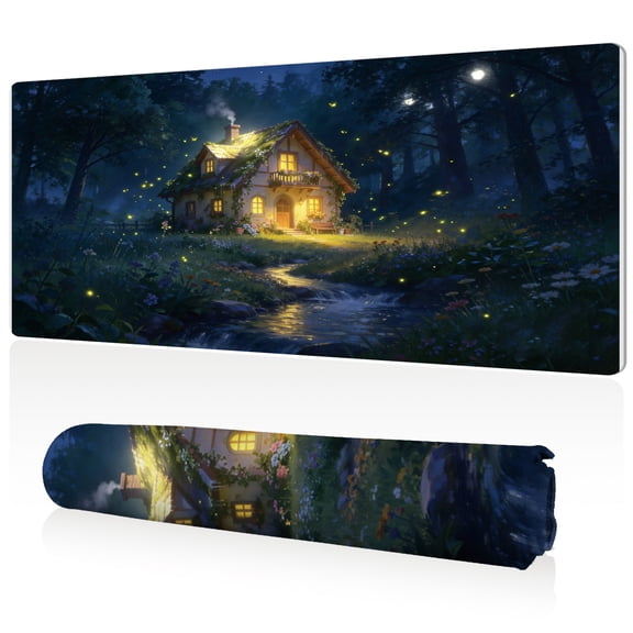 LIVEKEY Mouse Pad Ultra Large 80x40x0.3cm Full Desk Coverage with Moonlit Forest Cottage and Glowing Fireflies Art Design