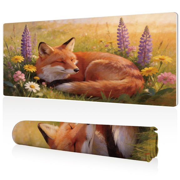 LIVEKEY Mouse Pad Ultra Large 80x40x0.3cm Full Desk Coverage with Sleeping Red Fox in Wildflower Meadow Art Design