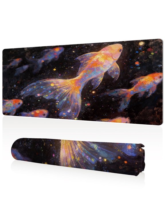 Mouse Pad Ultra Large 80x40x0.3cm Full Desk Coverage with Vibrant Cosmic Goldfish Art Durable Easy Clean Non Slip