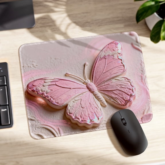 LIVEKEY Mouse Pad Ultra Thick Anti Slip Stitched Edges Embossed 3D Butterfly Design Pink Glitter Wings for Gaming and Office Desk 26x21cm