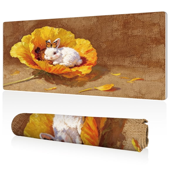 LIVEKEY Mouse Pad XL Size 80x40x0.3cm Rabbit in Blooming Poppy Flower with Butterfly Design Full Desk Coverage Non Slip Surface Durable Easy Clean Stitched Edges for Gaming and Office