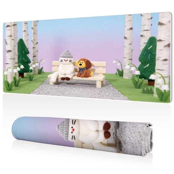 LIVEKEY Mouse Pad XXL Cute Cat Dog Bench Design 80x40cm Extra Large Desk Mat Full Coverage Durable Easy Clean Non Slip Rubber Base with Stitched Edges for Gaming and Office