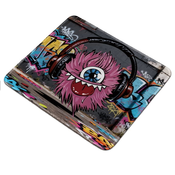 LIVEKEY Mousepad Full Coverage Durable Easy Clean Anti Slip Stitched Edges for Gaming Office 26x21x0.2cm Cute Pink One Eyed Furry Monster with Headphones on Graffiti Background