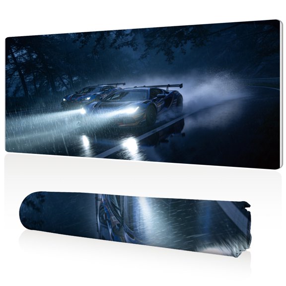 LIVEKEY Racing Mouse Pad 80x40x0.3cm Night Rain Race Car Scene Extra Large Full Desk Coverage Non Slip Durable Easy Clean Stitched Edges for Gaming and Office