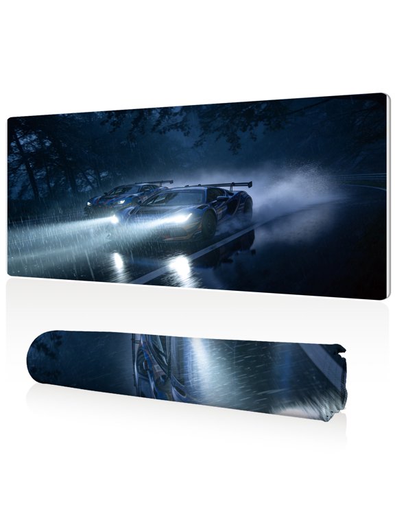 Racing Mouse Pad 80x40x0.3cm Night Rain Race Car Scene Extra Large Full Desk Coverage Non Slip Durable Easy Clean Stitched Edges for Gaming and Office