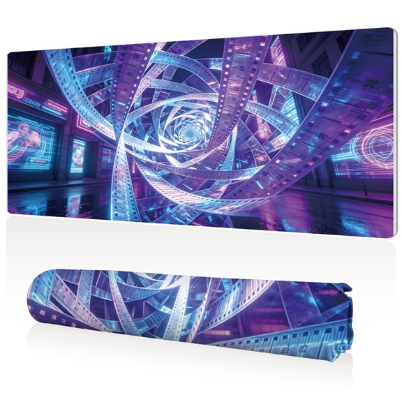 LIVEKEY Super Society Cyberspace Mouse Pad 80x40x0.3cm XXL Gaming Desk Mat with Glowing Film Reel Tunnel Design Full Coverage Non Slip Durable Easy Clean Stitched Edges for Office Work