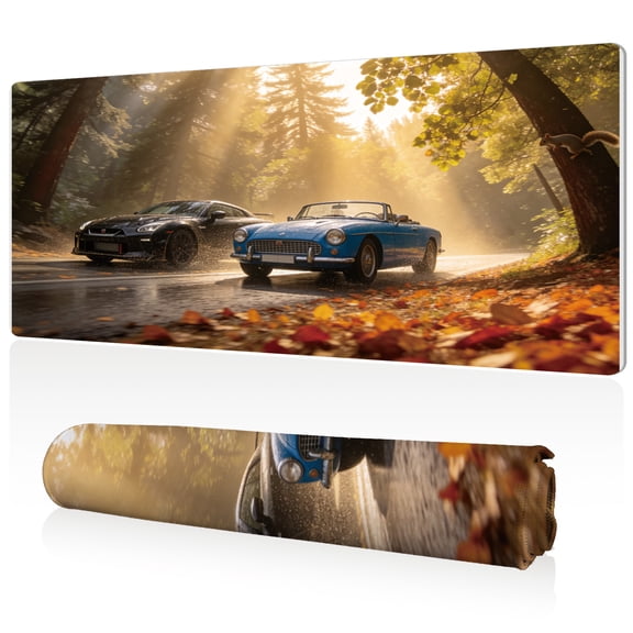 LIVEKEY Ultra Large Mouse Pad 80x40x0.3cm Autumn Forest Road with Two Cars and Squirrel Design Full Desk Coverage Non Slip Durable Easy Clean Stitched Edges for Gaming and Office