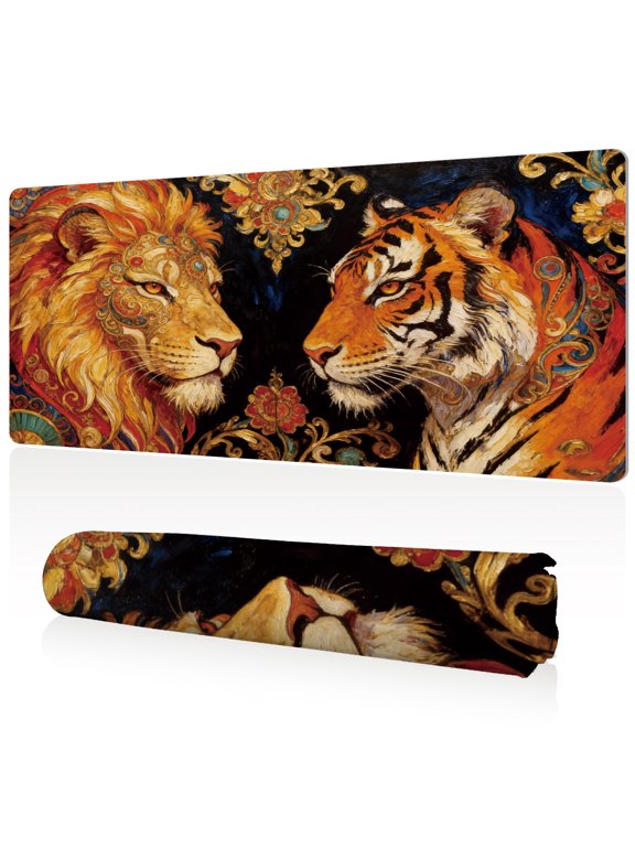Ultra Large Mouse Pad 80x40x0.3cm Full Desk Coverage Majestic Lion Tiger Art with Gold Pattern Durable Easy Clean Non Slip