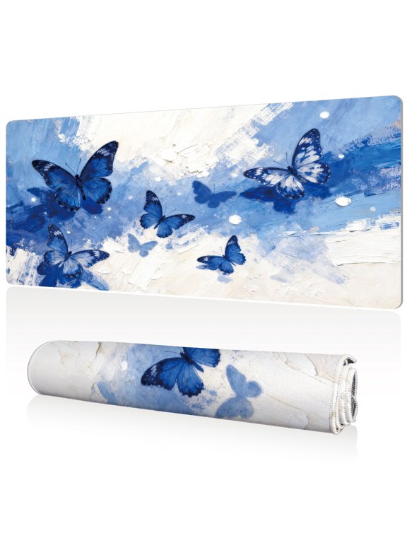 Ultra Large Mouse Pad 80x40x0.3cm Full Desk Coverage Serene Blue Butterfly Watercolor Art Durable Easy Clean Non Slip Stitched Edge