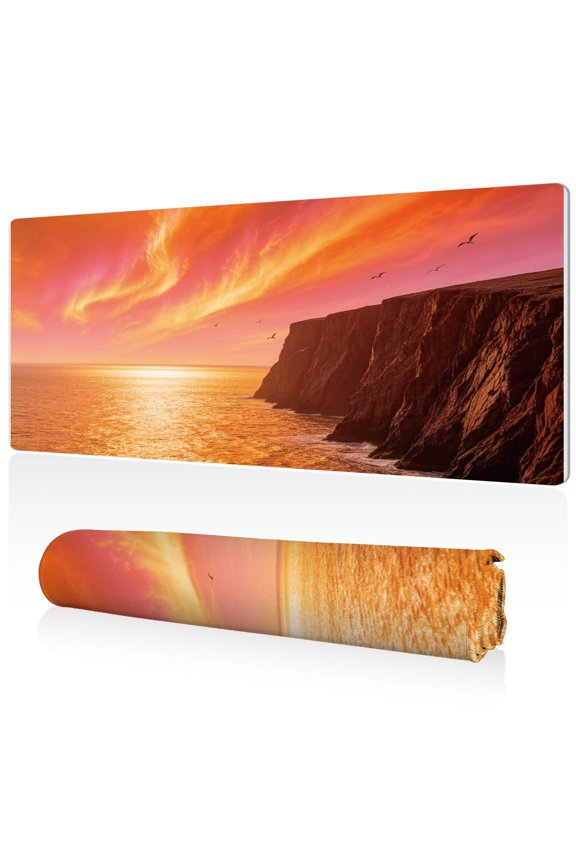 Ultra large Gaming and Office Mouse Pad 80x40x0.3cm Stunning Seaside Cliff Sunset with Birds in Flight Full Desk Coverage Non Slip Durable Easy Clean Sewn Edges for Workstation Use