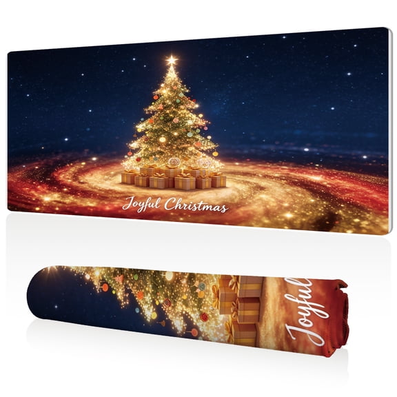 LIVEKEY XL Mouse Pad 80x40x0.3cm Christmas Tree with Gifts and Stars Design Full Desk Coverage Non Slip Durable Easy Clean Stitched Edges for Gaming and Office