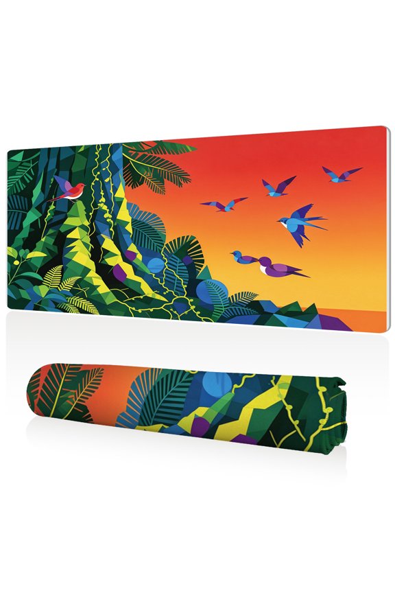 XL Mouse Pad 80x40x0.3cm Colorful Jungle with Flying Birds Design Extra Large Full Desk Coverage Non Slip Surface Durable Easy Clean Stitched Edges for Gaming and Office