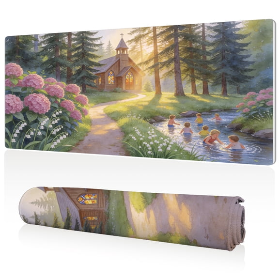 LIVEKEY XL Mouse Pad 80x40x0.3cm Forest Chapel with Children Playing in Creek and Blooming Flowers Design Full Desk Coverage Non Slip Durable Easy Clean Stitched Edges for Gaming and Office