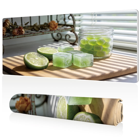 LIVEKEY XL Mouse Pad 80x40x0.3cm Vibrant Lime Gel Cubes and Dried Roses Kitchen Still Life Design Full Desk Coverage Non Slip Durable Easy Clean Stitched Edges for Gaming and Office