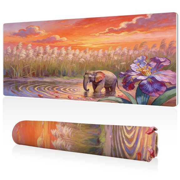 LIVEKEY XXL Elephant Riverside Mouse Pad 80x40cm Large Desk Mat Full Coverage Durable Easy to Clean Non Slip Base with Stitched Edges for Gaming and Office Computer Use