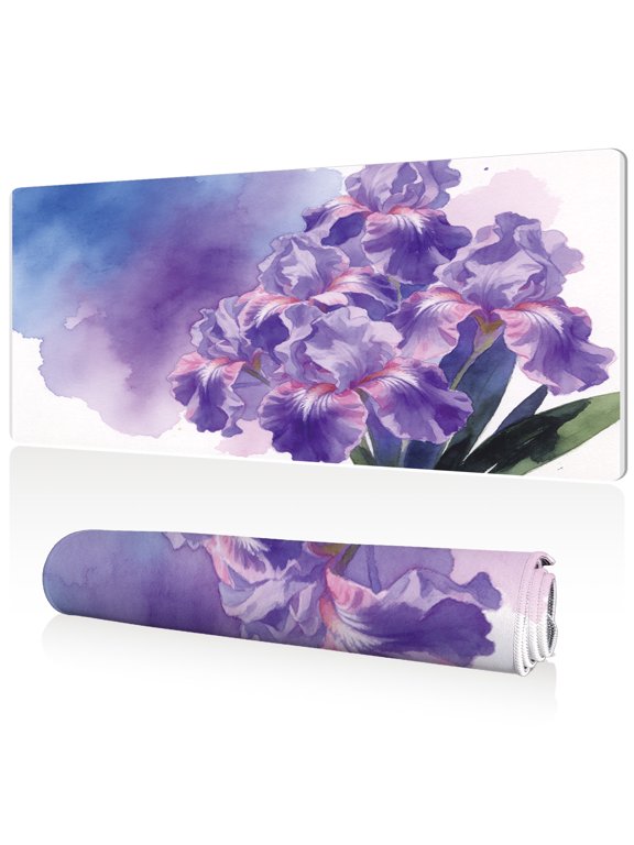 XXL Mouse Pad 80x40cm Non Slip Stitched Edges Full Coverage Durable Easy Clean Purple Iris Watercolor Design for Gaming and Office Setup