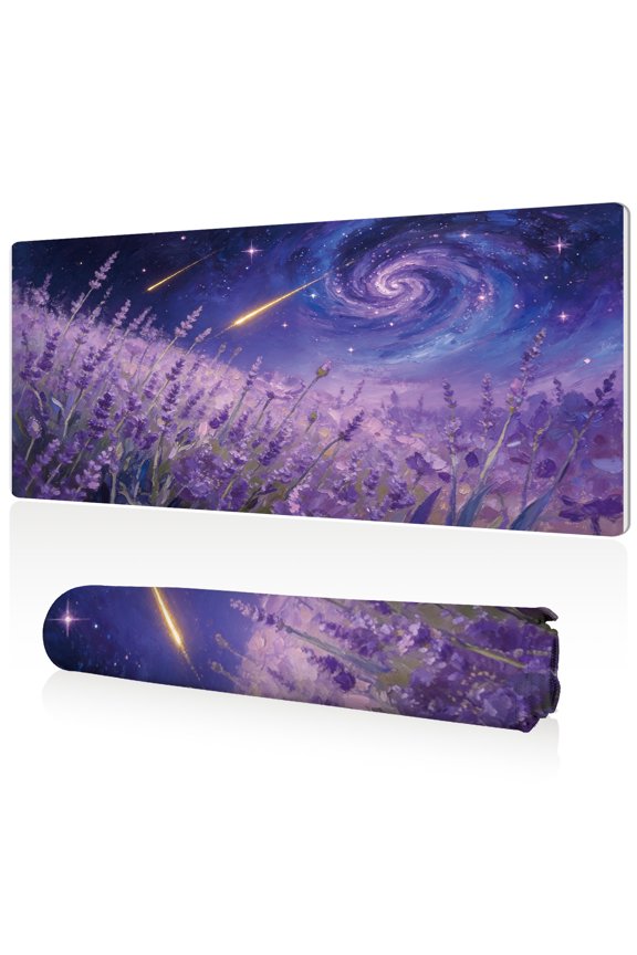 XXL Mouse Pad 80x40x0.3cm Purple Lavender Field Under Starry Sky Design Full Desk Coverage Non Slip Surface Durable Easy Clean Stitched Edges for Gaming and Office