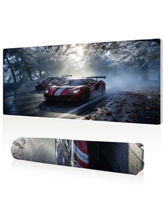 XXL Mouse Pad 80x40x0.3cm Red Racing Cars on Misty Forest Road Design Full Desk Coverage Non Slip Surface Durable Easy Clean Stitched Edges for Gaming and Office