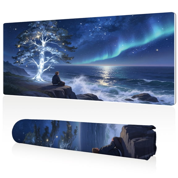 LIVEKEY XXL Mouse Pad Aurora Borealis Glowing Tree Man Meditating by Sea 80x40cm Non Slip Durable Easy Clean Stitched Edges Full Desk Coverage for Gaming Office Use