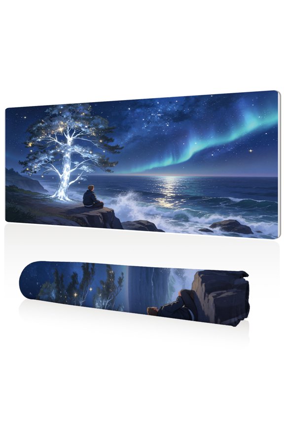 XXL Mouse Pad Aurora Borealis Glowing Tree Man Meditating by Sea 80x40cm Non Slip Durable Easy Clean Stitched Edges Full Desk Coverage for Gaming Office Use