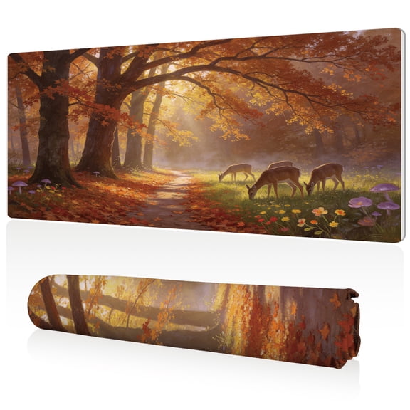 LIVEKEY XXL Mouse Pad Autumn Forest Deer Path 80x40cm Non Slip Durable Easy Clean Stitched Edges Full Desk Coverage for Gaming Office Use