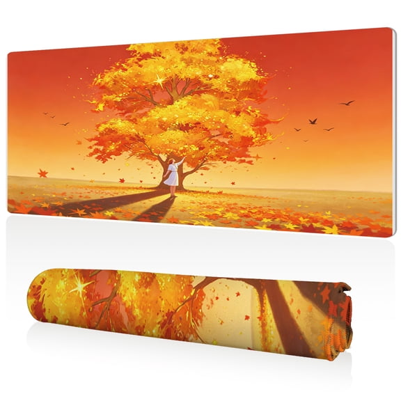 LIVEKEY XXL Mouse Pad Autumn Golden Tree Girl Reaching Leaves Falling Design 80x40cm Non Slip Durable Easy Clean Stitched Edges Full Desk Coverage for Gaming Office Use