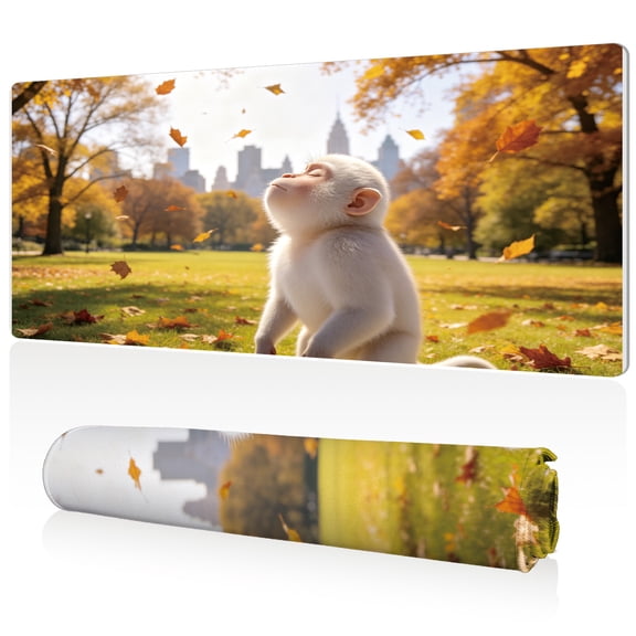LIVEKEY XXL Mouse Pad Autumn Park White Monkey 80x40x0.3cm Non Slip Durable Easy Clean Stitched Edges Full Desk Coverage for Gaming Office Use