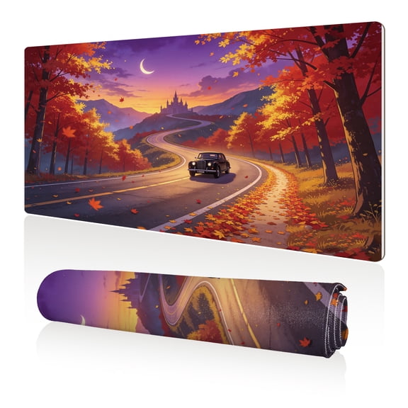 LIVEKEY XXL Mouse Pad Autumn Road Castle 80x40cm Non Slip Durable Easy Clean Stitched Edges Full Desk Coverage for Gaming Office Use