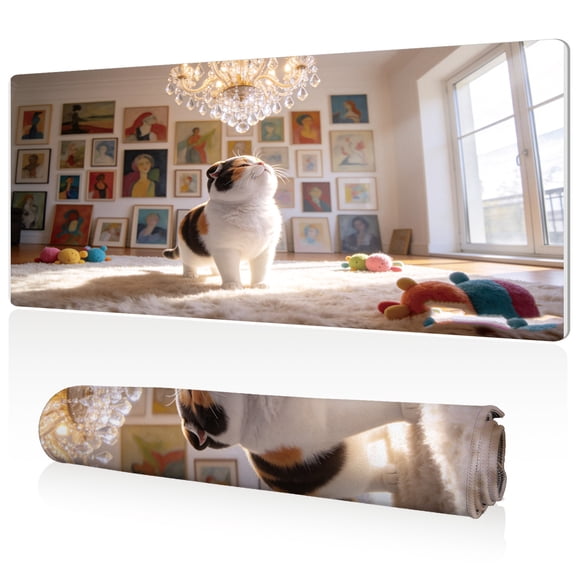 LIVEKEY XXL Mouse Pad Calico Cat Chandelier 80x40cm Non Slip Durable Easy Clean Stitched Edges Full Desk Coverage for Gaming Office Use