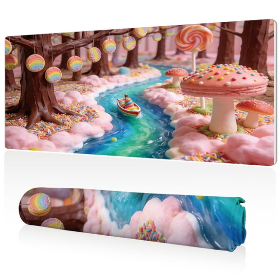 LIVEKEY XXL Mouse Pad Candy Forest River Boat Lollipops Mushrooms Rainbow Sprinkles 80x40cm Non Slip Durable Easy Clean Stitched Edges Full Desk Coverage for Gaming Office Use