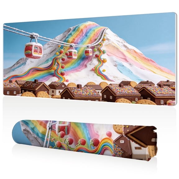 LIVEKEY XXL Mouse Pad Candy Mountain Rainbow Slope Chocolate Houses Cable Cars Design 80x40cm Non Slip Durable Easy Clean Stitched Edges Full Desk Coverage for Gaming Office Use