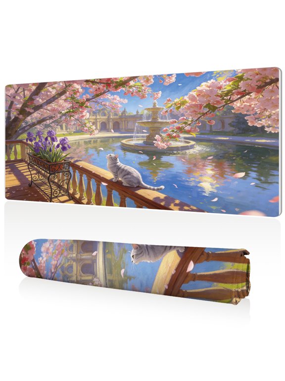 XXL Mouse Pad Cherry Blossom Cat Fountain 80x40cm Non Slip Durable Easy Clean Stitched Edges Full Desk Coverage for Gaming Office Use