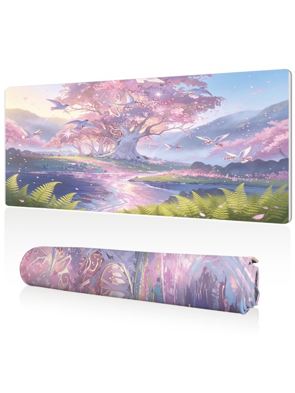 XXL Mouse Pad Cherry Blossom Tree Lake Birds 80x40cm Non Slip Durable Easy Clean Stitched Edges Full Desk Coverage for Gaming Office Use