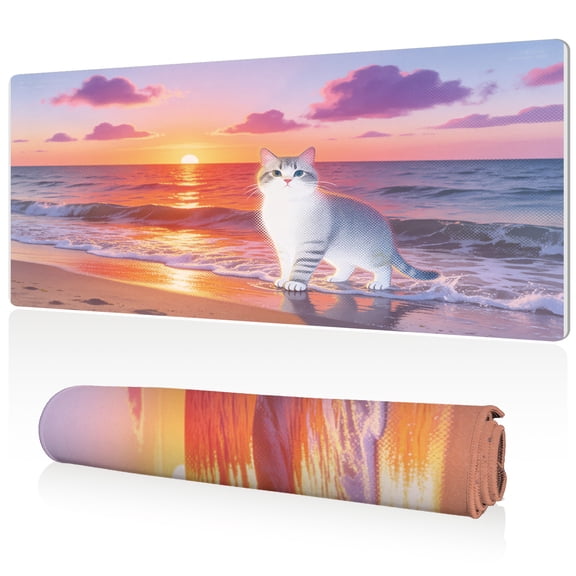 LIVEKEY XXL Mouse Pad Cute Cat Beach Sunset Ocean Waves 80x40cm Non Slip Durable Easy Clean Stitched Edges Full Desk Coverage for Gaming Office Use