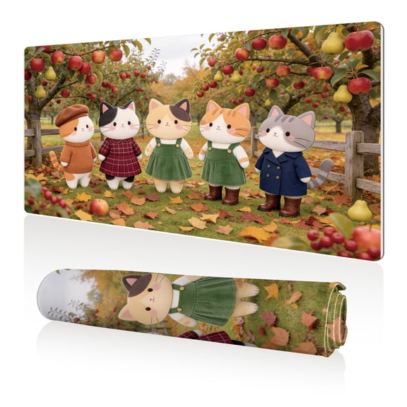 LIVEKEY XXL Mouse Pad Cute Cats Orchard Autumn 80x40cm Non Slip Durable Easy Clean Stitched Edges Full Desk Coverage for Gaming Office Use